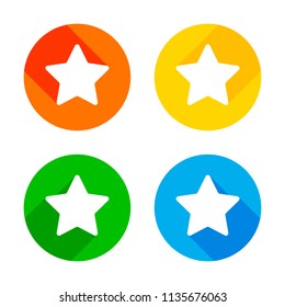 Star icon. Flat white icon on colored circles background. Four different long shadows in each corners