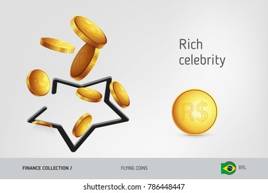 Star icon with flying Brazilian Real coins, finance concept. Vector illustration for print, websites, web design, mobile app, infographics.