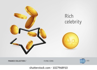 Star icon with flying Greek Drachma coins, finance concept. Vector illustration for print, websites, web design, mobile app, infographics.