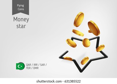 Star icon with flying islamic rial coins, finance concept.