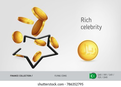 Star icon with flying Islamic Rial coins, finance concept. Vector illustration for print, websites, web design, mobile app, infographics.