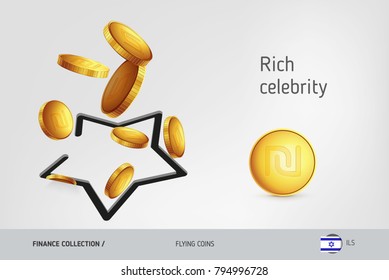 Star icon with flying Israeli New Shekel coins, finance concept. Vector illustration for print, websites, web design, mobile app, infographics.