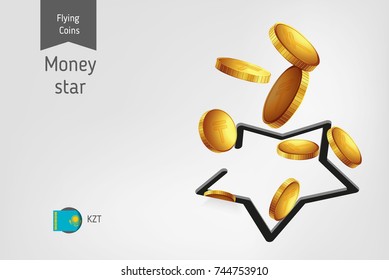 Star icon with flying Kazakhstani tenge coins, finance concept. Vector illustration for print, websites, web design, mobile app, infographics.