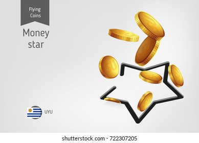 Star icon with flying Uruguayan Peso coins, finance concept. Vector illustration for print, websites, web design, mobile app, infographics. 