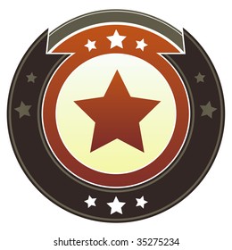 Star icon on round red and brown imperial vector button with star accents suitable for use on website, in print and promotional materials, and for advertising.