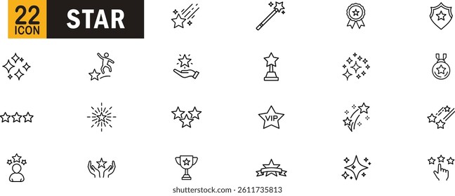Star icon outline set. Includes symbols of achievement, rating, success, reward, magic, and excellence.