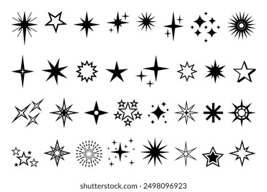 Icono de estrella. Calidad de Premium, pictograma brillante y brillante favorito, brillo parpadeante y símbolo brillante. Vector noche cielo decorativo boho Elementos aislados conjunto. Cuerpos celestes cósmicos de diferente forma