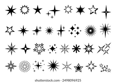 Icono de estrella. Calidad de Premium, pictograma brillante y brillante favorito, brillo parpadeante y símbolo brillante. Vector noche cielo decorativo boho Elementos aislados conjunto. Cuerpos celestes cósmicos de diferente forma