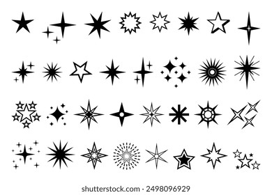 Icono de estrella. Calidad de Premium, pictograma brillante y brillante favorito, brillo parpadeante y símbolo brillante. Vector noche cielo decorativo boho Elementos aislados conjunto. Cuerpos celestes cósmicos de diferente forma