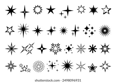 Icono de estrella. Calidad de Premium, pictograma brillante y brillante favorito, brillo parpadeante y símbolo brillante. Vector noche cielo decorativo boho Elementos aislados conjunto. Cuerpos celestes cósmicos de diferente forma