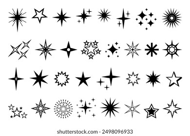 Icono de estrella. Calidad de Premium, pictograma brillante y brillante favorito, brillo parpadeante y símbolo brillante. Vector noche cielo decorativo boho Elementos aislados conjunto. Cuerpos celestes cósmicos de diferente forma