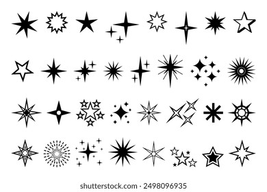 Icono de estrella. Calidad de Premium, pictograma brillante y brillante favorito, brillo parpadeante y símbolo brillante. Vector noche cielo decorativo boho Elementos aislados conjunto. Cuerpos celestes cósmicos de diferente forma