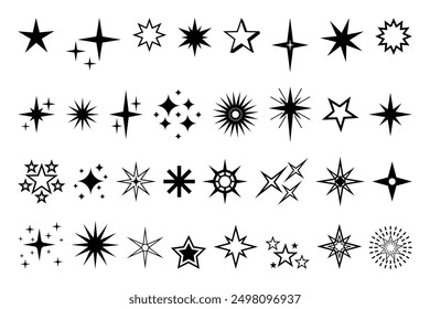 Icono de estrella. Calidad de Premium, pictograma brillante y brillante favorito, brillo parpadeante y símbolo brillante. Vector noche cielo decorativo boho Elementos aislados conjunto. Cuerpos celestes cósmicos de diferente forma