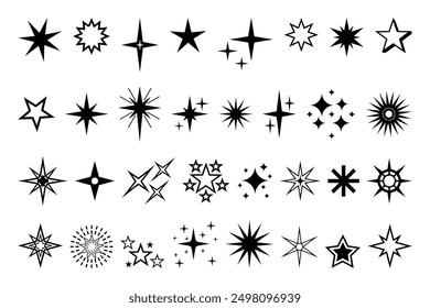 Icono de estrella. Calidad de Premium, pictograma brillante y brillante favorito, brillo parpadeante y símbolo brillante. Vector noche cielo decorativo boho Elementos aislados conjunto. Cuerpos celestes cósmicos de diferente forma