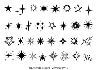 Icono de estrella. Calidad de Premium, pictograma brillante y brillante favorito, brillo parpadeante y símbolo brillante. Vector noche cielo decorativo boho Elementos aislados conjunto. Cuerpos celestes cósmicos de diferente forma