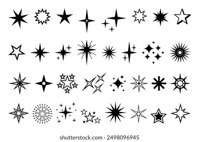 Icono de estrella. Calidad de Premium, pictograma brillante y brillante favorito, brillo parpadeante y símbolo brillante. Vector noche cielo decorativo boho Elementos aislados conjunto. Cuerpos celestes cósmicos de diferente forma