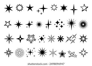 Icono de estrella. Calidad de Premium, pictograma brillante y brillante favorito, brillo parpadeante y símbolo brillante. Vector noche cielo decorativo boho Elementos aislados conjunto. Cuerpos celestes cósmicos de diferente forma