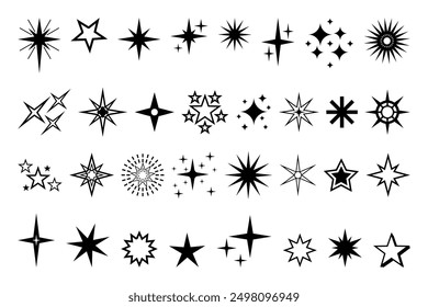 Icono de estrella. Calidad de Premium, pictograma brillante y brillante favorito, brillo parpadeante y símbolo brillante. Vector noche cielo decorativo boho Elementos aislados conjunto. Cuerpos celestes cósmicos de diferente forma