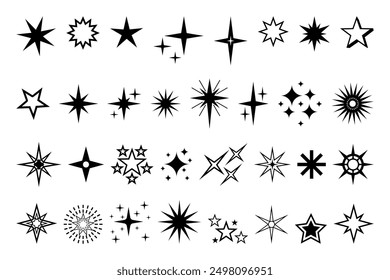 Icono de estrella. Calidad de Premium, pictograma brillante y brillante favorito, brillo parpadeante y símbolo brillante. Vector noche cielo decorativo boho Elementos aislados conjunto. Cuerpos celestes cósmicos de diferente forma