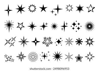 Icono de estrella. Calidad de Premium, pictograma brillante y brillante favorito, brillo parpadeante y símbolo brillante. Vector noche cielo decorativo boho Elementos aislados conjunto. Cuerpos celestes cósmicos de diferente forma