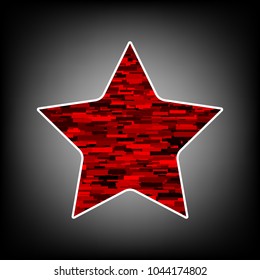 Star Icon with rounded corners of inner radius. Vector. Icon with white contour and texture from red rectangles at grayish background.