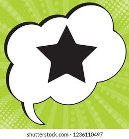 Star Icon with rounded corners of inner radius. Vector. Black icon in speech bubble at popart yellow green background.