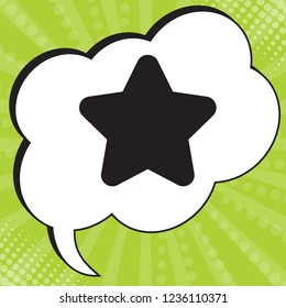 Star Icon with rounded corners of outer radius. Vector. Black icon in speech bubble at popart yellow green background.