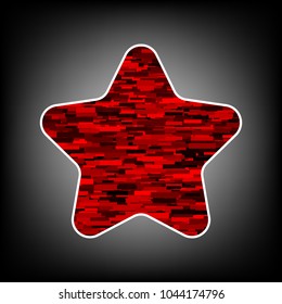 Star Icon with rounded corners. Vector. Icon with white contour and texture from red rectangles at grayish background.
