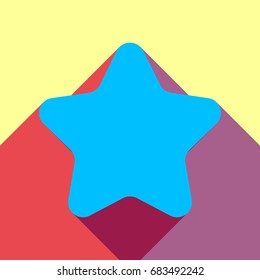 Star Icon with rounded corners. Vector. Deep sky blue icon with two flat violet and raspberry semitransparent shadows on canary background.
