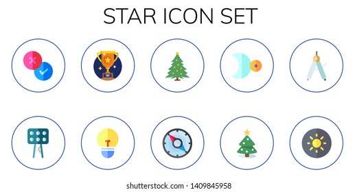 star icon set. 10 flat star icons.  Simple modern icons about  - rate, lights, trophy, light, christmas tree, compass, moon, brightness