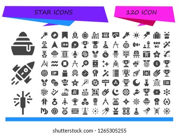  star icon set. 120 filled star icons. Simple modern icons about  - Frozen, Sparkler, Rocket, Magic wand, Compass, Bookmark, Ticket, Reward, Brightness, Fireworks, Police station