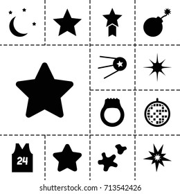 Star icon. set of 13 filled star icons such as star, explosion, cookie, disco ball, sport t shirt number 24, ring