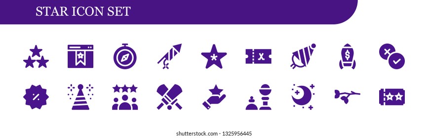 star icon set. 18 filled star icons.  Simple modern icons about  - Star, Bookmark, Compass, Firecracker, Starfish, Ticket, Party hat, Rocket, Rate, Discount, Rating, Cricket, Magic trick