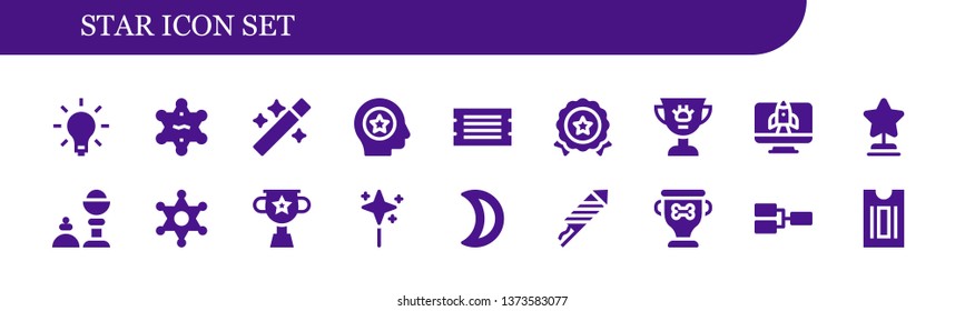 star icon set. 18 filled star icons.  Collection Of - Light, Sheriff, Wand, Favorite, Ticket, Medal, Award, Startup, Star, Magic trick, Trophy, Moon, Fireworks, Competition