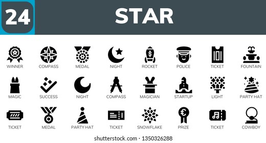 star icon set. 24 filled star icons.  Simple modern icons about  - Winner, Compass, Medal, Night, Rocket, Police, Ticket, Fountain, Magic, Success, Magician, Startup, Light, Party hat