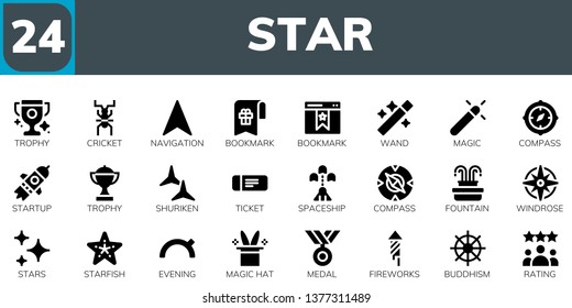 star icon set. 24 filled star icons.  Collection Of - Trophy, Cricket, Navigation, Bookmark, Wand, Magic, Compass, Startup, Shuriken, Ticket, Spaceship, Fountain, Windrose, Stars