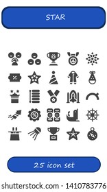 star icon set. 25 filled star icons.  Collection Of - Rate, Trophy, Medal, Snowflake, Discount, Starfish, Party hat, Pijama, Magic, Spacing, Spaceship, Evening, Fireworks, Kneepad