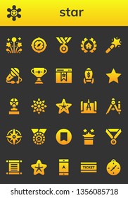 star icon set. 26 filled star icons.  Collection Of - Fireworks, Sheriff, Compass, Medal, Awards, Magic wand, Sing, Trophy, Bookmark, Rocket, Star, Snowflake, Starfish, Windrose