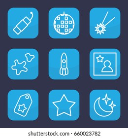 Star icon. set of 9 outline star icons such as firework, cookie, favorite photo, moon and stars, tag, rocket