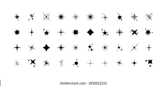 Star icon. Set of black spark effect. Collection of star shine symbols. Light elements flat design on a white background. Starburst sparkles. Magic cartoon for decorative festive. Vector illustration.