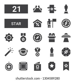 star icon set. Collection of 21 filled star icons included Bookmark, Badge, Baby book, Patch, Compass, Award, Medal, Astronaut, Magic wand, Ufo, Magic, Brightness, Success, Discount