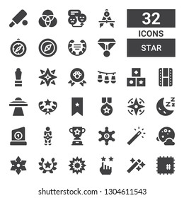 star icon set. Collection of 32 filled star icons included Patch, Wand, Rate, Explosion, Laurel, Shuriken, Full moon, Magic wand, Sheriff, Trophy, Venus, Sleep, Compass, Medal