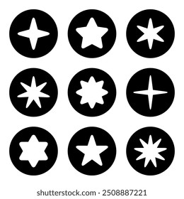 Star icon set collection on black circle. Sparkle stars sign symbol in rounded corner