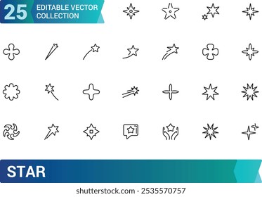 Conjunto de Ícones de Estrela. Contendo celestes, noite, astronomia, brilho, galáxia, céu, classificação e muito mais. Ícones de vetor de linha mínimos e modernos.