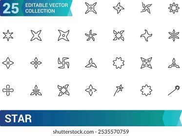 Conjunto de Ícones de Estrela. Contendo celestes, noite, astronomia, brilho, galáxia, céu, classificação e muito mais. Ícones de vetor de linha mínimos e modernos.