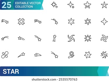 Conjunto de Ícones de Estrela. Contendo celestes, noite, astronomia, brilho, galáxia, céu, classificação e muito mais. Ícones de vetor de linha mínimos e modernos.