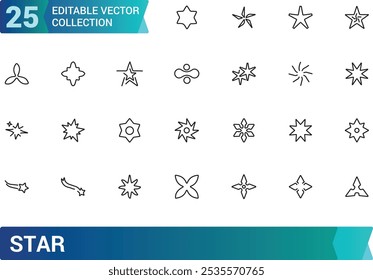 Conjunto de Ícones de Estrela. Contendo celestes, noite, astronomia, brilho, galáxia, céu, classificação e muito mais. Ícones de vetor de linha mínimos e modernos.