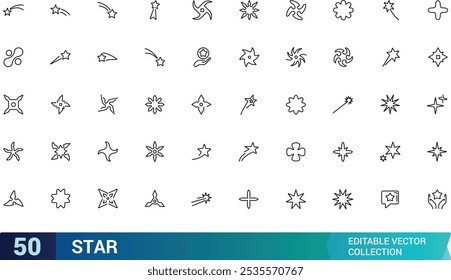 Conjunto de Ícones de Estrela. Contendo celestes, noite, astronomia, brilho, galáxia, céu, classificação e muito mais. Ícones de vetor de linha mínimos e modernos.