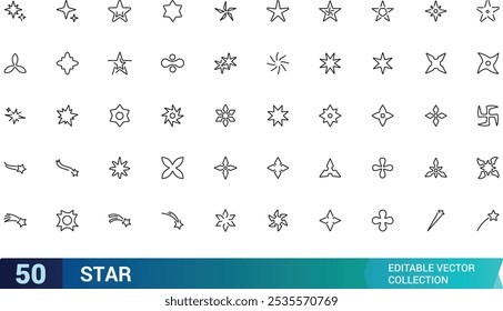 Conjunto de Ícones de Estrela. Contendo celestes, noite, astronomia, brilho, galáxia, céu, classificação e muito mais. Ícones de vetor de linha mínimos e modernos.