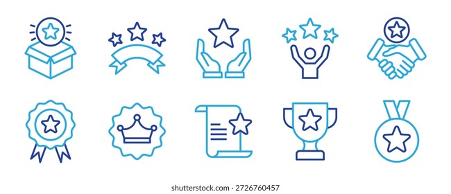Ícone de estrela definido. Contendo classificação, vencedor, medalha, prêmio, benefício, brilho, taça, distintivo e muito mais. Ícones de linha editáveis. Ilustração vetorial.	